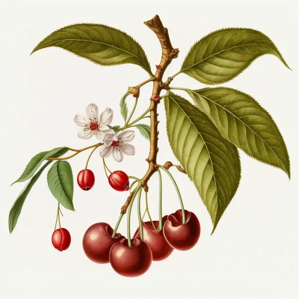 a single branch with cherries on it , botanical illustration, white background, style of Pierre-Joseph Redoute